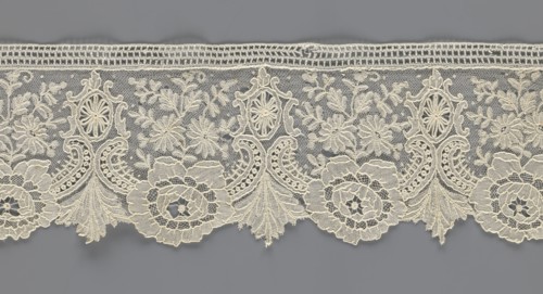 Lace fragment, purchase provenance; lace with plant ornaments. Serrated on one side, pattern of