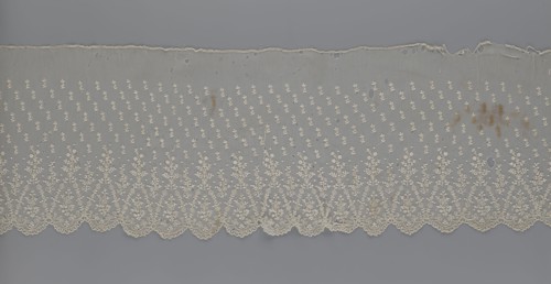 Lace fragment — shuttlecock; lace; clothing accessory; fashion. Lower edge: semicircular serrations