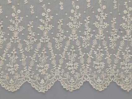 Lace fragment — shuttlecock; lace; clothing accessory; fashion. Lower edge: semicircular serrations