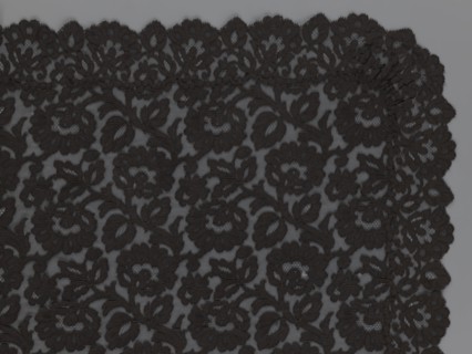 Cape, lace, in the form of a square with two wide, elongated lace ties. Continuous floral ornament