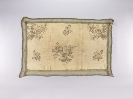 Wall hanging of rep fabric sewn from many fragments, embroidered with beige, cream, ash, and brown