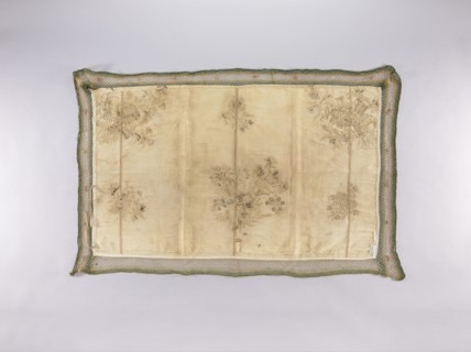 Wall hanging of rep fabric sewn from many fragments, embroidered with beige, cream, ash, and brown