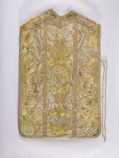 Chasuble, provenance unknown. Embroidered chasuble with birds, flowers, and fruit ornament;