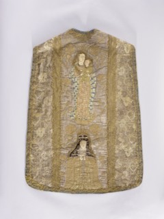 Chasuble;, Madonna and Child; St. Bridget 1303–1373. Slepowron coat of arms; coats of arms: