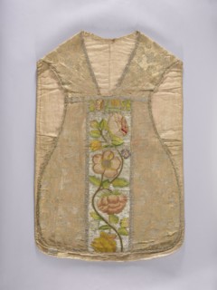 Chasuble, Floral and plant ornaments—flowers and leaves—embroidered in columns on a silver