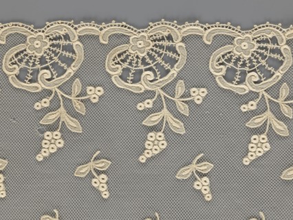 Fragment of lace, lace, plant ornaments, slightly serrated lower edge with shell motifs with