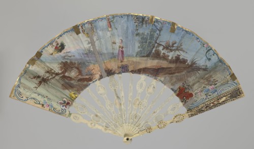 Fan, Double-sided fan with an ivory frame and painted paper covering. The obverse most likely