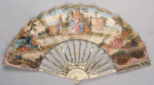 Fan, painted from carved ivory. Feathers decorated with gold and silver metal foil and sequins.