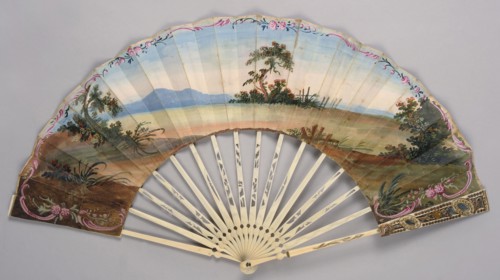 Fan, Fan painted from carved ivory. Feathers decorated with gold and silver metal foil and sequins.