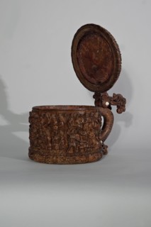 Wooden tankard, carved, probably a peg tankard, religious scenes, Gospel scenes, Resurrection of
