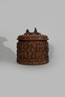 Wooden tankard, carved, probably a peg tankard, maker, religious scenes, Gospel scenes,