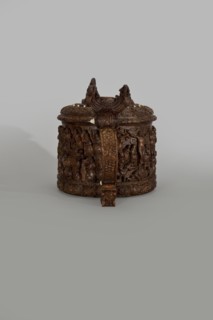 Wooden pear-shaped tankard, probably a peg tankard, carved, round, richly decorated with