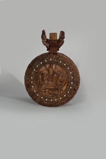 Wooden tankard, carved, probably a peg tankard, Depicts religious/Gospel scenes, including Passion