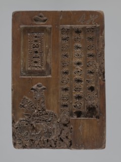 Double-sided gingerbread mould. Obverse: genre scene; reverse: three depictions. Double-sided