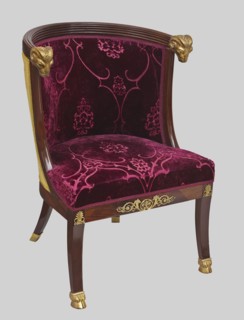 Chair, Empire style mahogany chair with padded seat and backrest, upholstered with patterned velvet