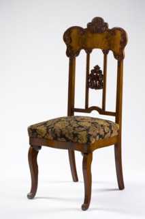 Chair, mahogany chair with a padded seat and a high openwork backrest, with carved decoration;