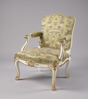 Armchair, Rococo style, floral decoration, cabriole legs, silk fabrics, patterned floral fabrics,