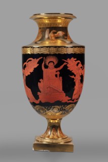 Amphora vase with a retinue of Greek gods; early 19th century, Berlin, Germany. Ovoid body with a
