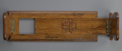 Bookstand, origin unknown, Hebrew; rectangular wooden bookstand with two foldable sides, decorated
