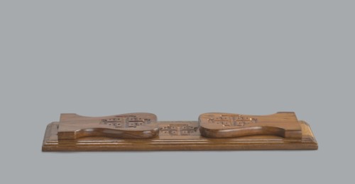 Bookstand, origin unknown, Hebrew; rectangular foldable bookstand with two movable sides, decorated