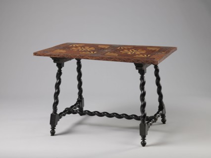 Table, geometric decorations, plant ornaments, rectangular table supported by four straight, spiral