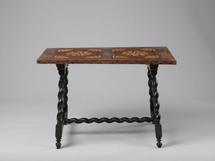 Table, geometric decorations, plant ornaments, rectangular table supported by four straight, spiral