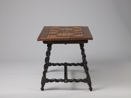 Table, geometric decorations, plant ornaments; rectangular table supported by four straight, spiral