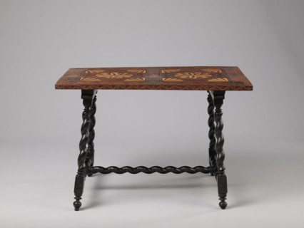 Table, geometric decorations, plant ornaments, rectangular table supported by four straight, spiral