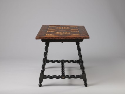 Table, geometric decorations, plant ornaments, rectangular table supported by four straight, spiral