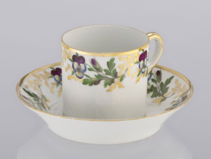 Cup and saucer, Korzec Porcelain and Faience Manufactory, 1790–1832. Colorfully painted with a
