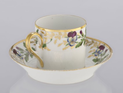 Cup and saucer, Korzec Porcelain and Faience Manufactory 1790–1832, colorfully painted with a