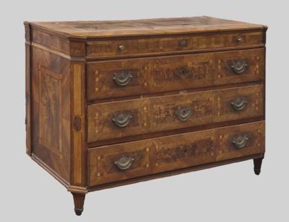 Chest of drawers, revindication provenance; decorated with roses, classicism style, vedute,