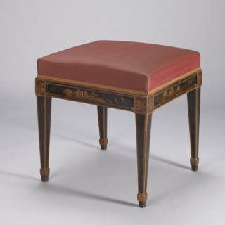 Stool, upholstered, covered with imitation black lacquer, with a square seat supported by four