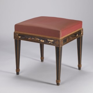 Stool, upholstered, covered with imitation black lacquer, with a square seat supported by four