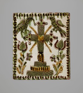 Tile, ceramic tiles with plant decorations and Maltese crosses, depiction of two birds, Hutsul