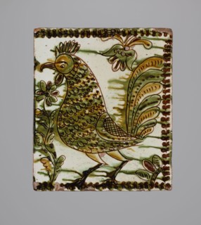 Tile, ceramic tiles with bird and plant decorations, stove tile with rooster motif, Hutsul region,