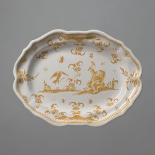 Platter, mid-19th century style referencing 18th-century France, Moustiers-Sainte-Marie ?. Oval