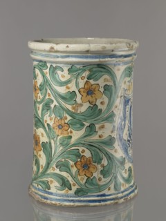 Vessel - flowerpot, cache-pot vessel. Cylindrical flowerpot with profiled rollers at the base and