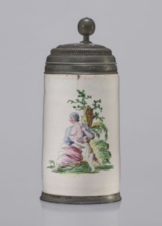 Cylindrical tankard in a pewter frame, Prószków Slaski faience factory; 1763–1853. White, painted