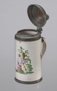 Cylindrical tankard in a pewter frame, Prószków Slaski faience factory; 1763–1853. White, painted