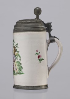 Cylindrical tankard in a pewter frame, Prószków Slaski faience factory; 1763–1853, miniatures,