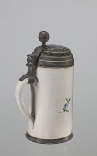Cylindrical tankard in a pewter frame, Prószków Slaski faience factory 1763–1853. White, painted in