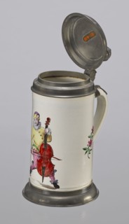Tin-mounted tankard, Prószków Slaski faience factory 1763–1853. White cylindrical tankard in a