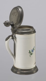 Tin-mounted tankard, Prószków Slaski faience factory 1763–1853. White cylindrical tankard in a