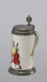 Tin-mounted tankard, Prószków Slaski faience factory 1763–1853. White cylindrical tankard in a