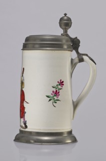 Tin-mounted tankard, Prószków Slaski faience factory 1763–1853. White cylindrical tankard in a