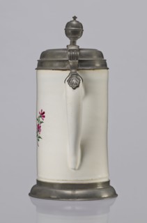 Tin-mounted tankard, Prószków Slaski faience factory 1763–1853. White cylindrical tankard in a