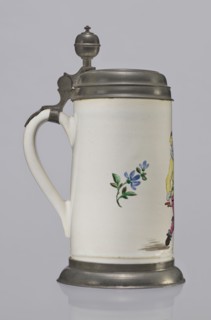 Tin-mounted tankard, Prószków Slaski faience factory 1763–1853. White cylindrical tankard with a