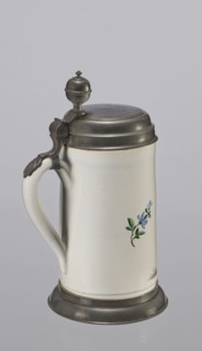 Tin-mounted tankard, Prószków Slaski faience factory 1763–1853. White cylindrical tankard in a