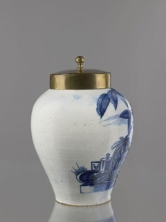 Tobacco jar with brass lid. Ovoid faience vase with a low, slightly parted neck, painted in cobalt